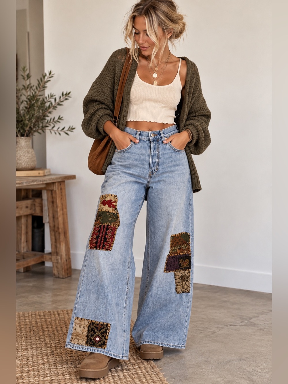 Upcycled Patchwork Wide Leg Jeans Women’s 8 Boho Artisan Denim NWT